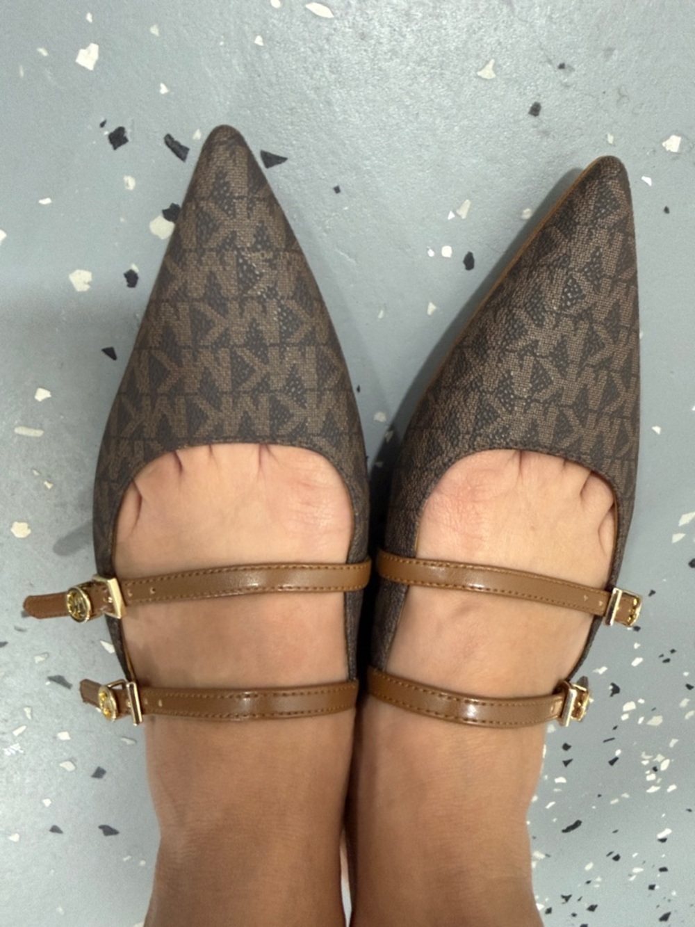 Michael Kors Brown Monogram Pointed-Toe Double-Strap Flats - Picture 2 of 5